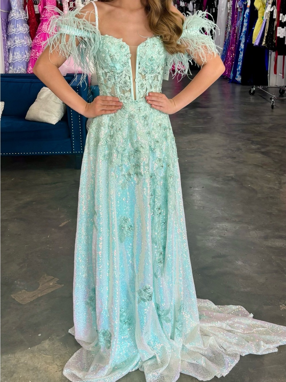 Min size 0 corset back Feather-Trim Mint Illusion Prom Dress